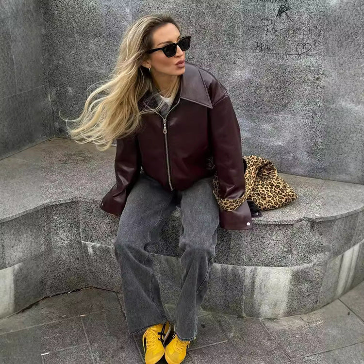 Solid Color Lapel Zipper Jacket Fashion Casual Long Sleeve Leather Coat Tops