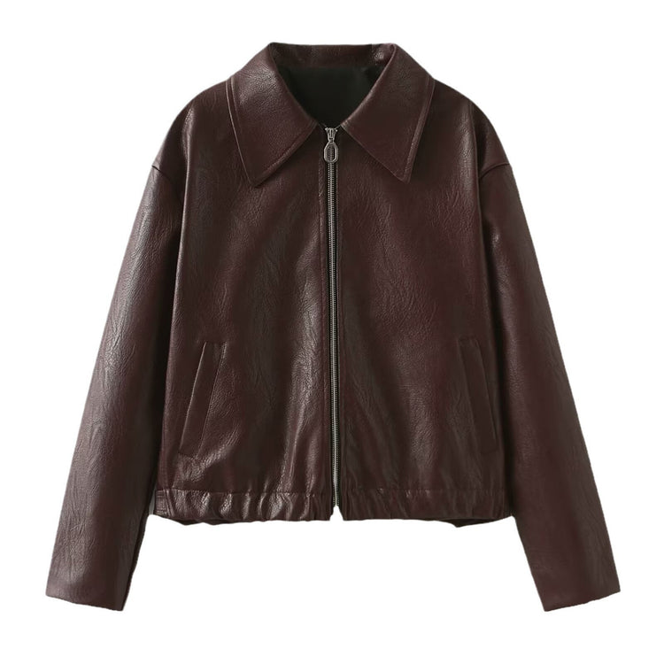 Solid Color Lapel Zipper Jacket Fashion Casual Long Sleeve Leather Coat Tops