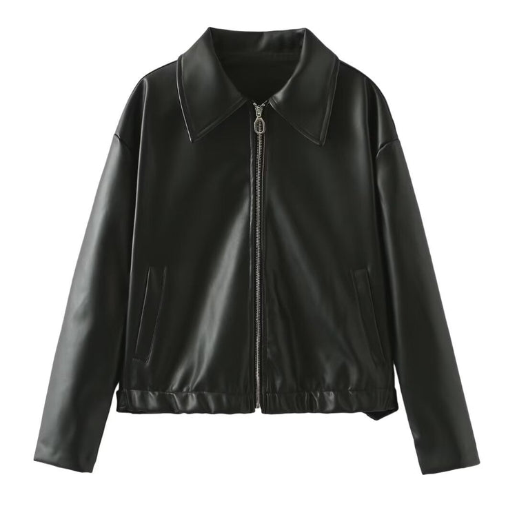 Solid Color Lapel Zipper Jacket Fashion Casual Long Sleeve Leather Coat Tops