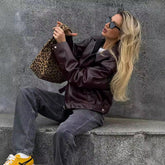 Solid Color Lapel Zipper Jacket Fashion Casual Long Sleeve Leather Coat Tops
