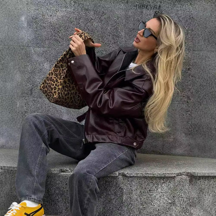Solid Color Lapel Zipper Jacket Fashion Casual Long Sleeve Leather Coat Tops