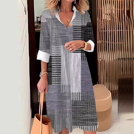 Casual Printing Lapel Long Sleeve Button Irregular Shirt Dress