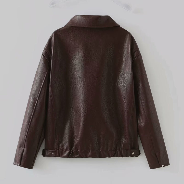 Solid Color Lapel Zipper Jacket Fashion Casual Long Sleeve Leather Coat Tops