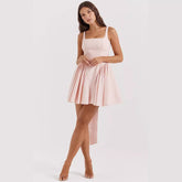Square Neck Sleeveless Dress With Backless Bow Design Summer Fashion Slim Short