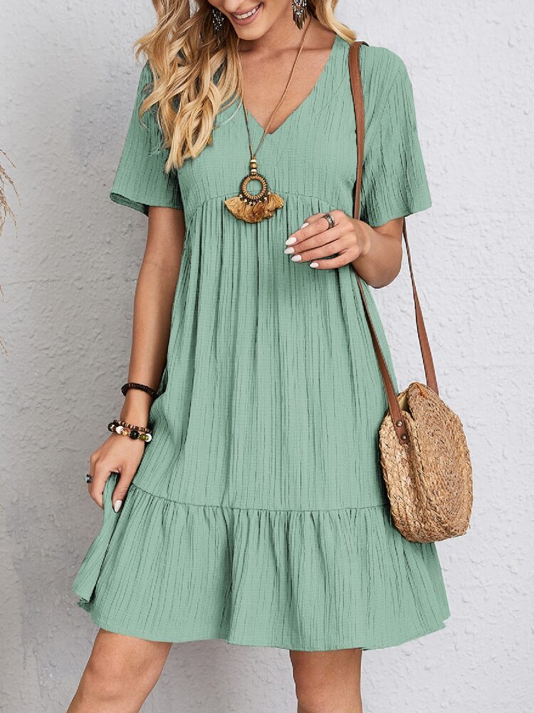 V-neck Short Sleeve Dress Summer Fashion Casual Loose Ruffled Dresses