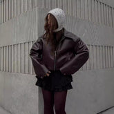 Solid Color Lapel Zipper Jacket Fashion Casual Long Sleeve Leather Coat Tops