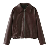 Solid Color Lapel Zipper Jacket Fashion Casual Long Sleeve Leather Coat Tops