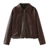 Solid Color Lapel Zipper Jacket Fashion Casual Long Sleeve Leather Coat Tops