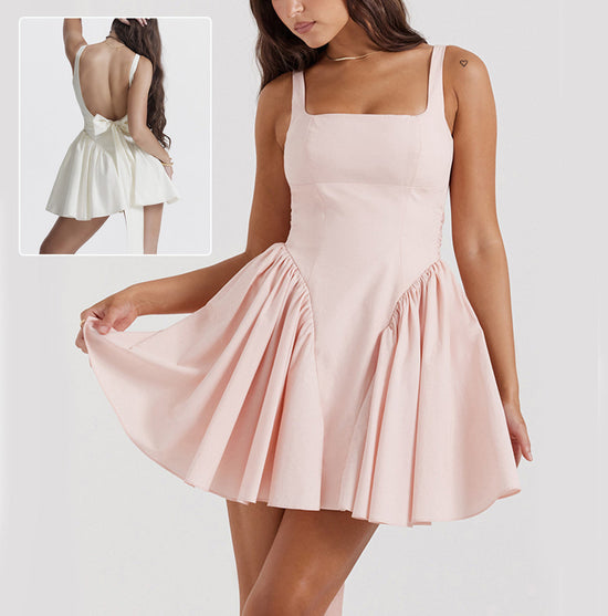 Square Neck Sleeveless Dress With Backless Bow Design Summer Fashion Slim Short