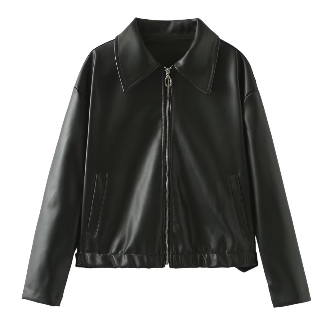 Solid Color Lapel Zipper Jacket Fashion Casual Long Sleeve Leather Coat Tops