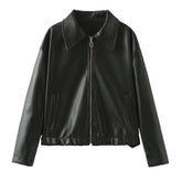 Solid Color Lapel Zipper Jacket Fashion Casual Long Sleeve Leather Coat Tops