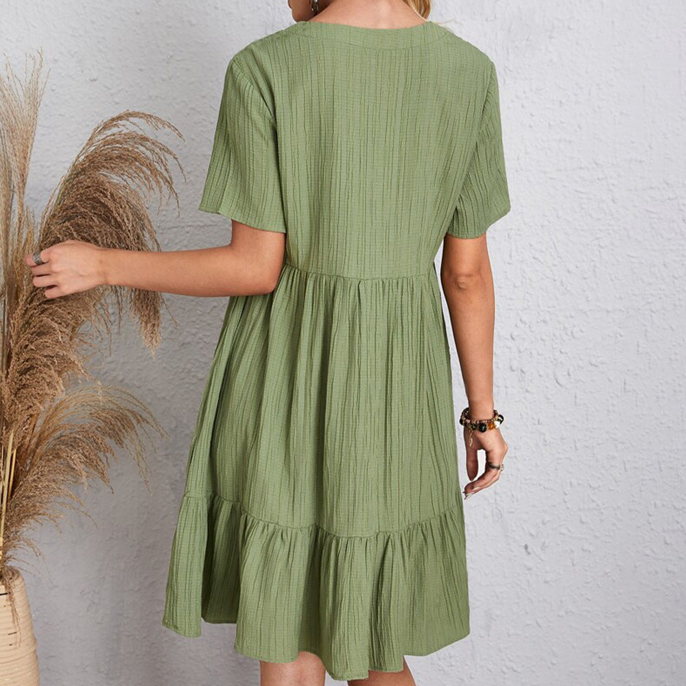 V-neck Short Sleeve Dress Summer Fashion Casual Loose Ruffled Dresses