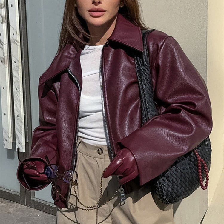 Solid Color Lapel Zipper Jacket Fashion Casual Long Sleeve Leather Coat Tops