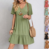 V-neck Short Sleeve Dress Summer Fashion Casual Loose Ruffled Dresses