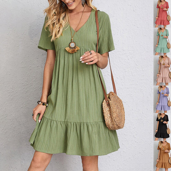 V-neck Short Sleeve Dress Summer Fashion Casual Loose Ruffled Dresses
