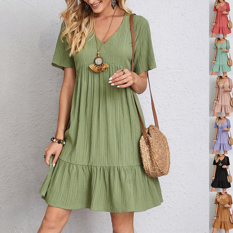 V-neck Short Sleeve Dress Summer Fashion Casual Loose Ruffled Dresses