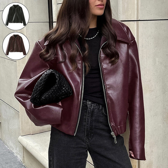 Solid Color Lapel Zipper Jacket Fashion Casual Long Sleeve Leather Coat Tops