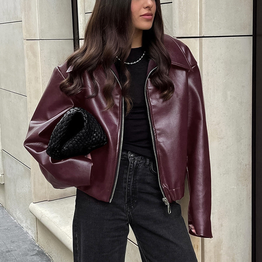 Solid Color Lapel Zipper Jacket Fashion Casual Long Sleeve Leather Coat Tops