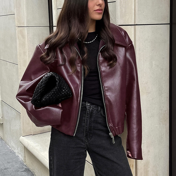 Solid Color Lapel Zipper Jacket Fashion Casual Long Sleeve Leather Coat Tops