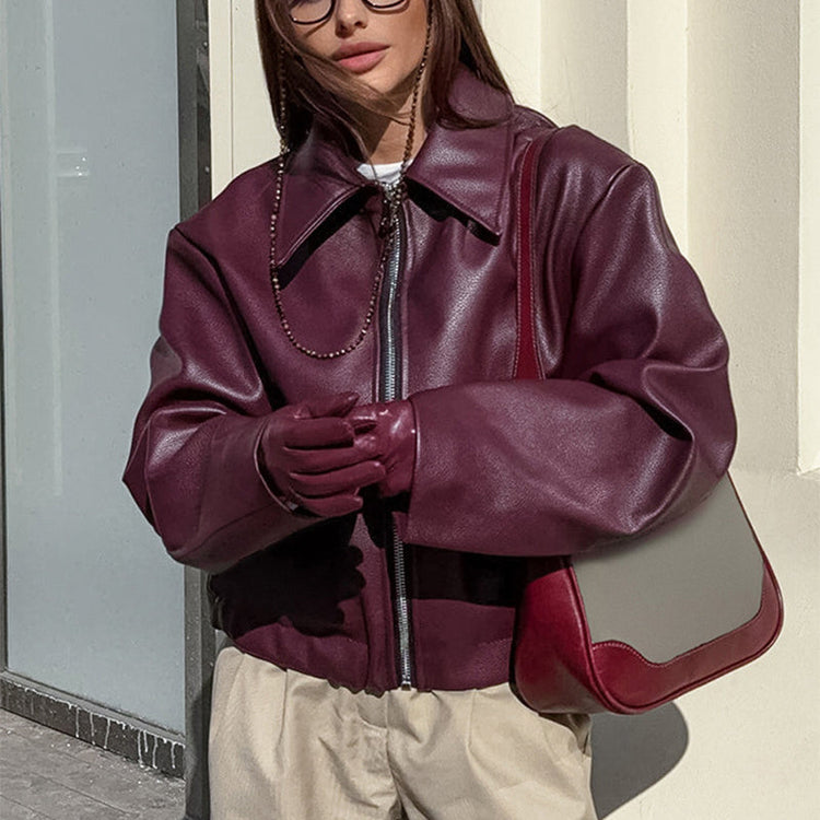 Solid Color Lapel Zipper Jacket Fashion Casual Long Sleeve Leather Coat Tops